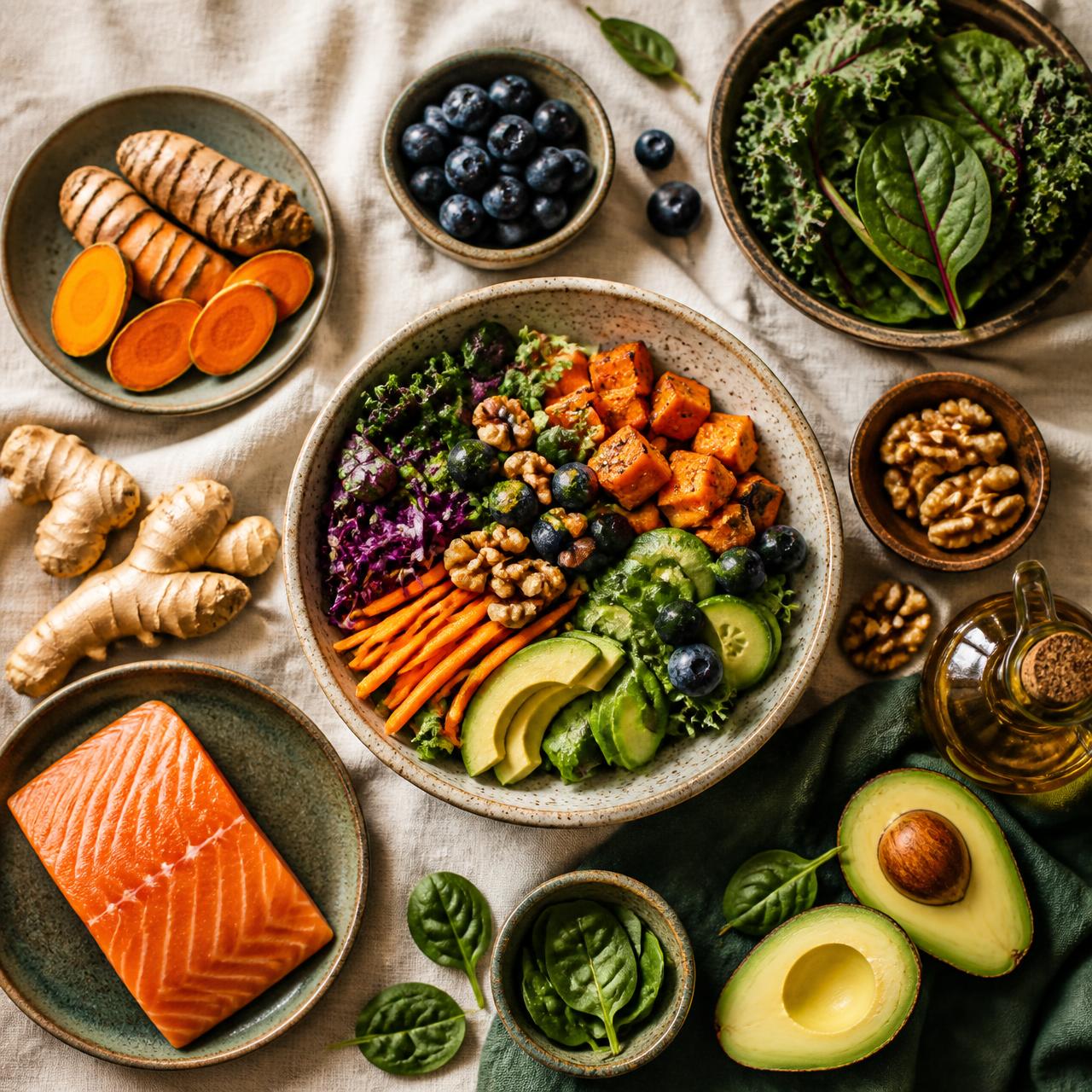 Mesa con alimentos antiinflamatorios: cúrcuma, jengibre, salmón, aguacate, verduras y frutos secos